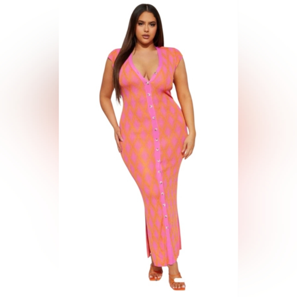 Pink and Orange Button-Up Maxi Dress